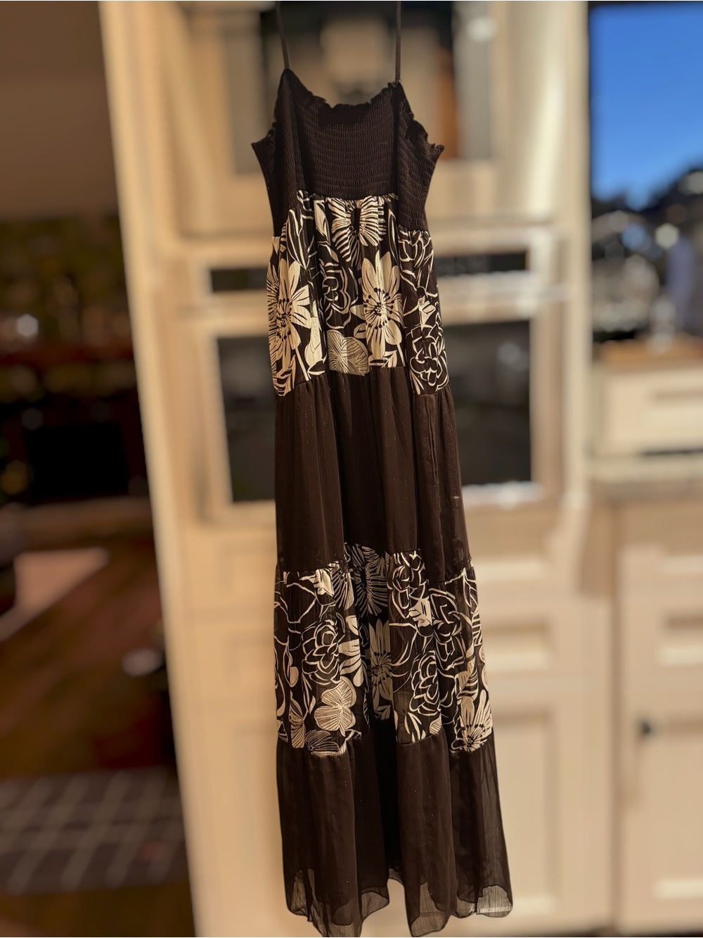 NWOT Brown Hawaiian Floral Print Maxi Sundress w/Adjustable Spaghetti Straps, L - Picture 7 of 8